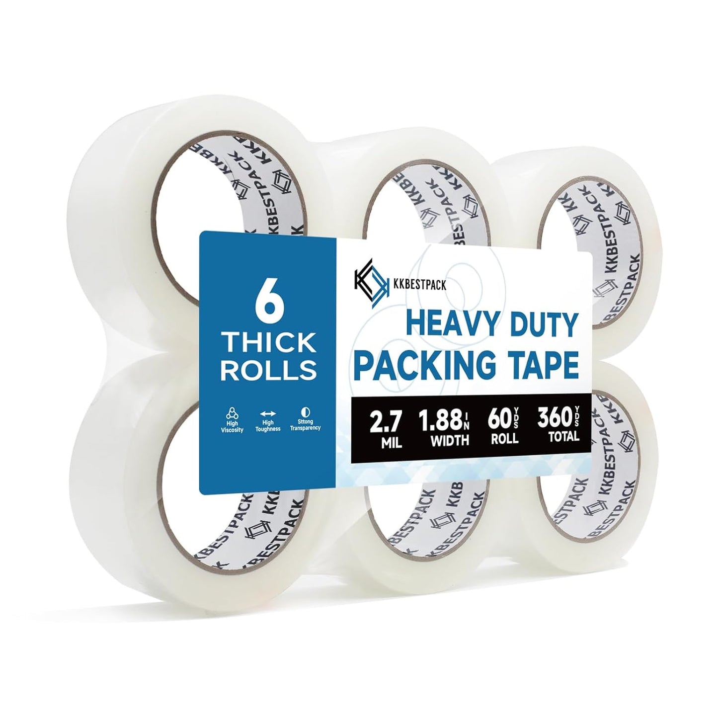 Heavy Duty Packing Tape, 6 Rolls - 1.88" x 60 Yards - Clear Shipping & Packaging Tape for Moving Boxes & Storage - KKBESTPACK