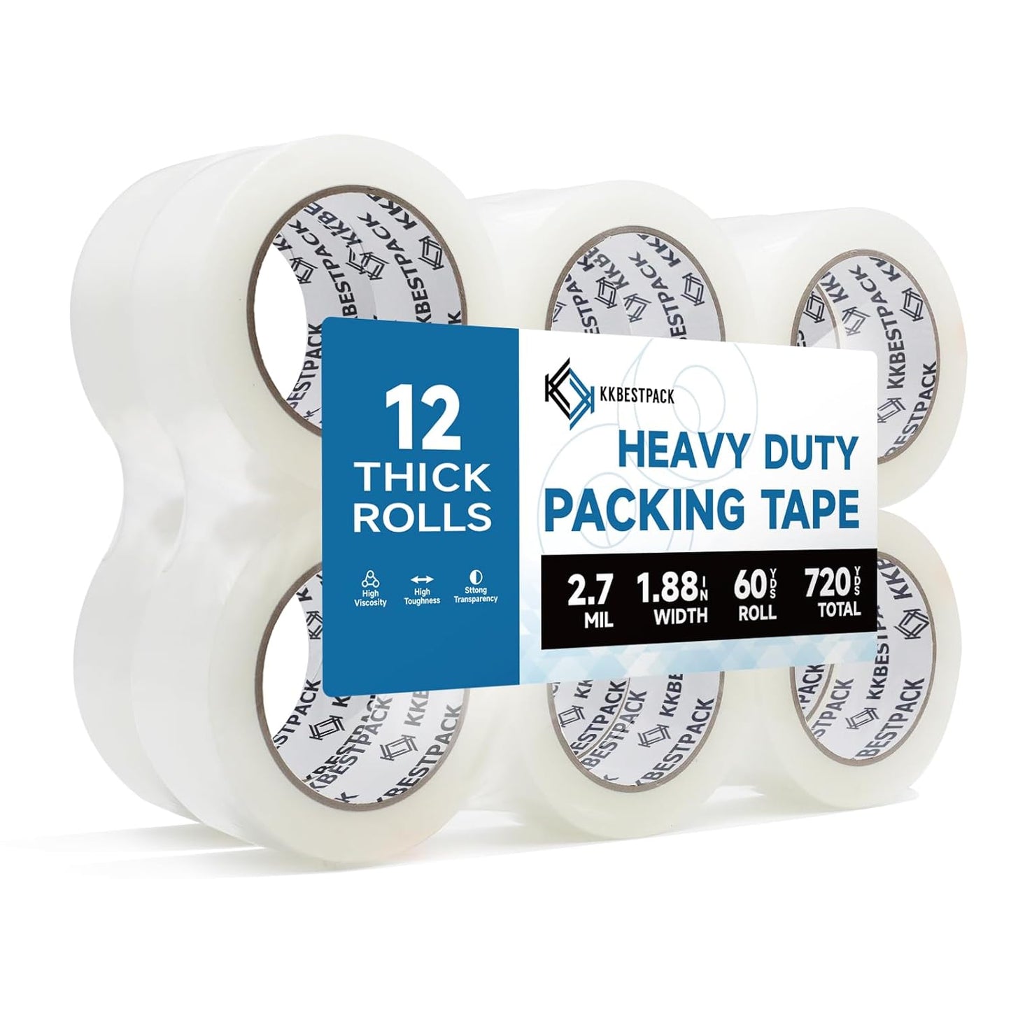 Heavy Duty Packing Tape, 12 Rolls - 1.88" x 60 Yards - Clear Shipping & Packaging Tape for Moving Boxes & Storage - KKBESTPACK