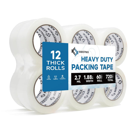 Heavy Duty Packing Tape, 12 Rolls - 1.88" x 60 Yards - Clear Shipping & Packaging Tape for Moving Boxes & Storage - KKBESTPACK