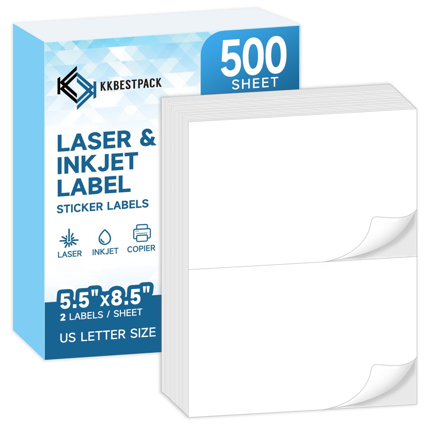 Half Sheet Shipping Labels for Laser and Inkjet Printers - 2 Per Page Self Adhesive Mailing Labels for Packages - White 8.5 x 5.5 Postage Labels for Shipping Boxes (1000 Labels) (KK2LP) - KKBESTPACK