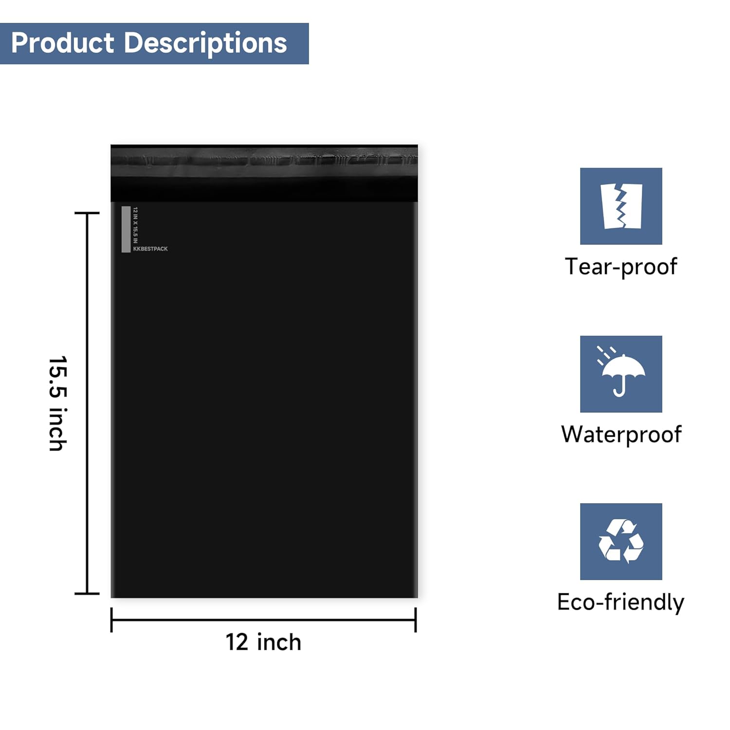 Poly Mailer Envelopes Shipping Bags Self Adhesive Waterproof Bags (Black), 12x15.5 500pc - KKBESTPACK
