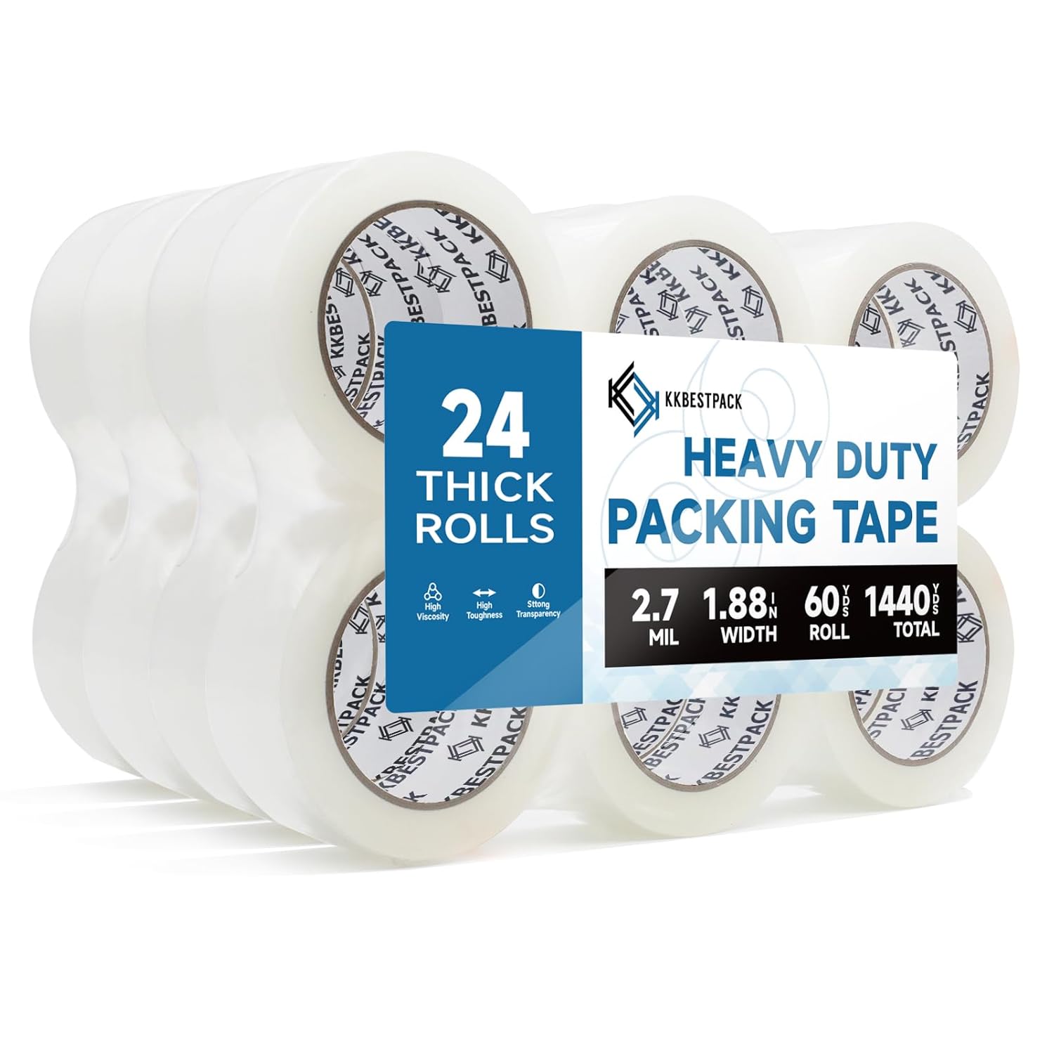 Heavy Duty Packing Tape, 24 Rolls - 1.88" x 60 Yards - Clear Shipping & Packaging Tape for Moving Boxes & Storage - KKBESTPACK