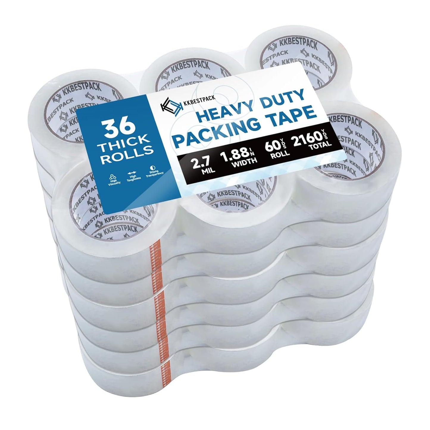 Heavy Duty Packing Tape, 36 Rolls - 1.88" x 60 Yards - Clear Shipping & Packaging Tape for Moving Boxes & Storage - KKBESTPACK