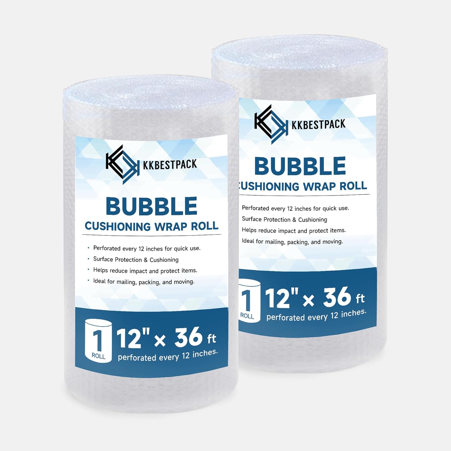 2 Pack Bubble Cushioning Wrap 12 inch x 36 Feet - Large Plastic Packing Roll for Moving Boxes & Shipping Supplies - Moving Supplies, Perforated Every 12 Inch, Total 72 Feet - KKBESTPACK