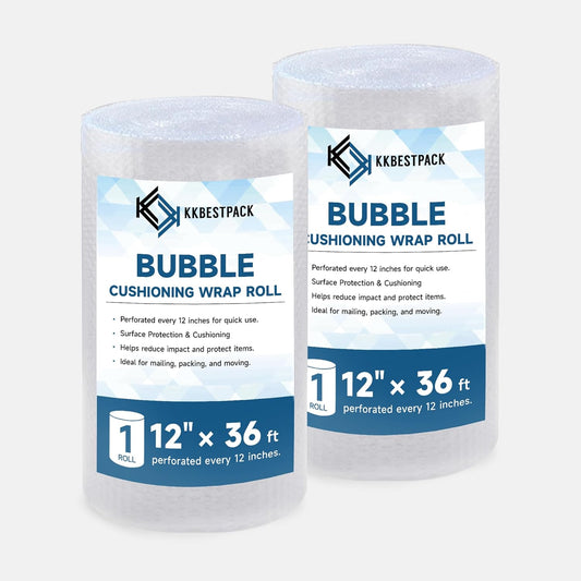 2 Pack Bubble Cushioning Wrap 12 inch x 36 Feet - Large Plastic Packing Roll for Moving Boxes & Shipping Supplies - Moving Supplies, Perforated Every 12 Inch, Total 72 Feet - KKBESTPACK