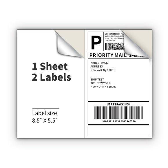 8.5 x 5.5 Half Sheet Shipping Labels for Laser and Inkjet Printers – 2 Per Page Self Adhesive Mailing Labels - KKBESTPACK